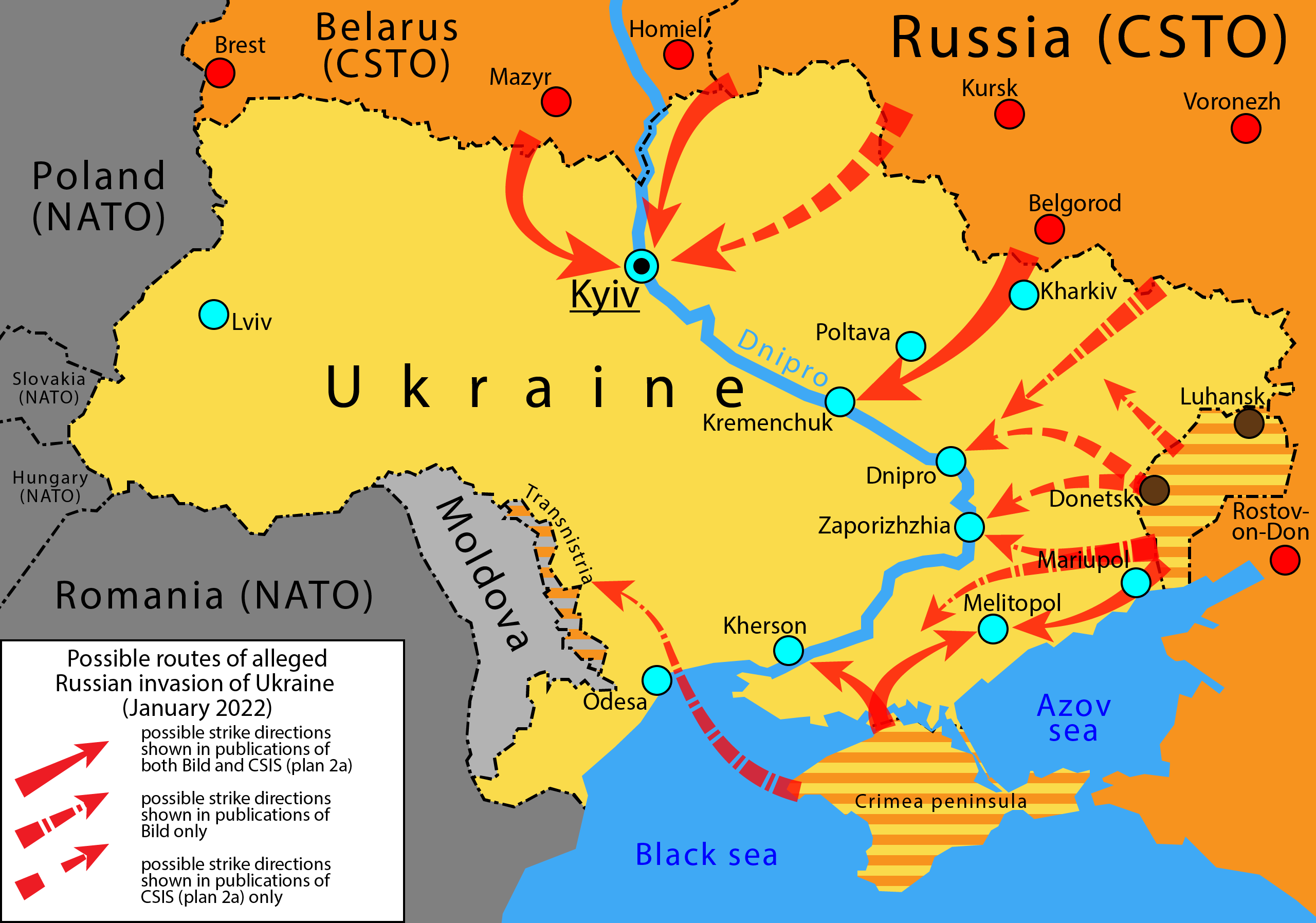 خريطة توضح توقعات مركز الابحاث حول الخطط الروسية لاجتياح أوكرانيا قبل الغزو